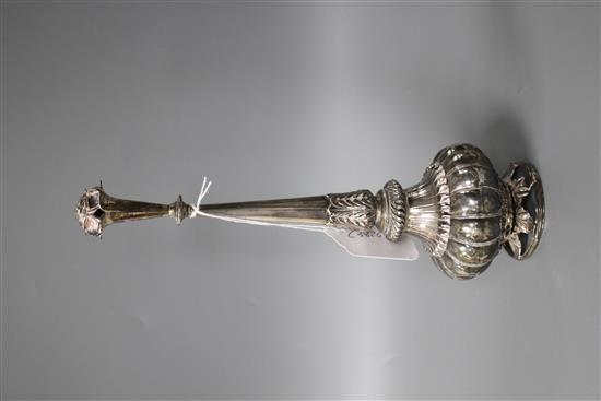 A 20th century Indian? white metal rosewater sprinkler, on pierced circular foliate base,